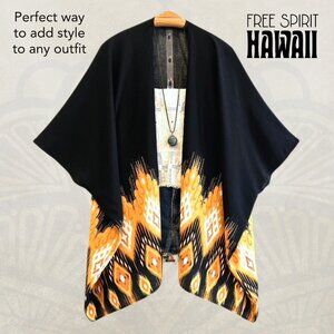 Black Short Kimono | Black and Yellow Southwest Pattern | Boho Jacket | Cardigan